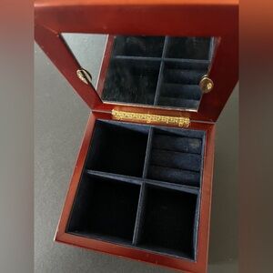 Nogiguchi square oak jewelry box hinge top glass inset artwork mirrored